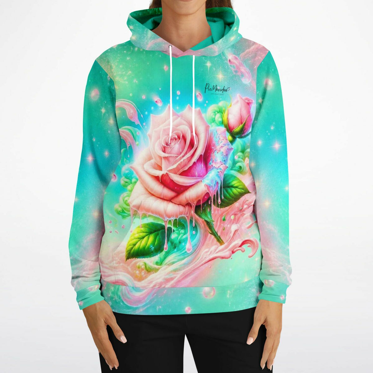 Dreamer Hoodie Candy Rose mit kunstvollem Rosen-Motiv in leuchtenden Pastellfarben und magischem Galaxy-Effekt