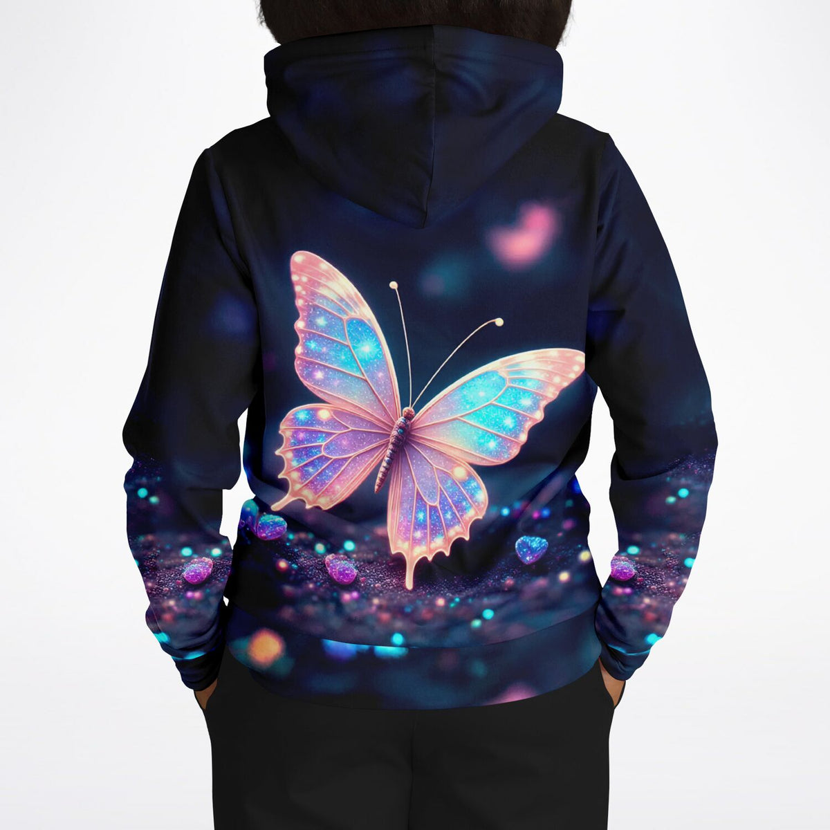 Dreamer Hoodie Lichttänzer Rückansicht mit leuchtendem Schmetterling Motiv im Diamond Painting Stil