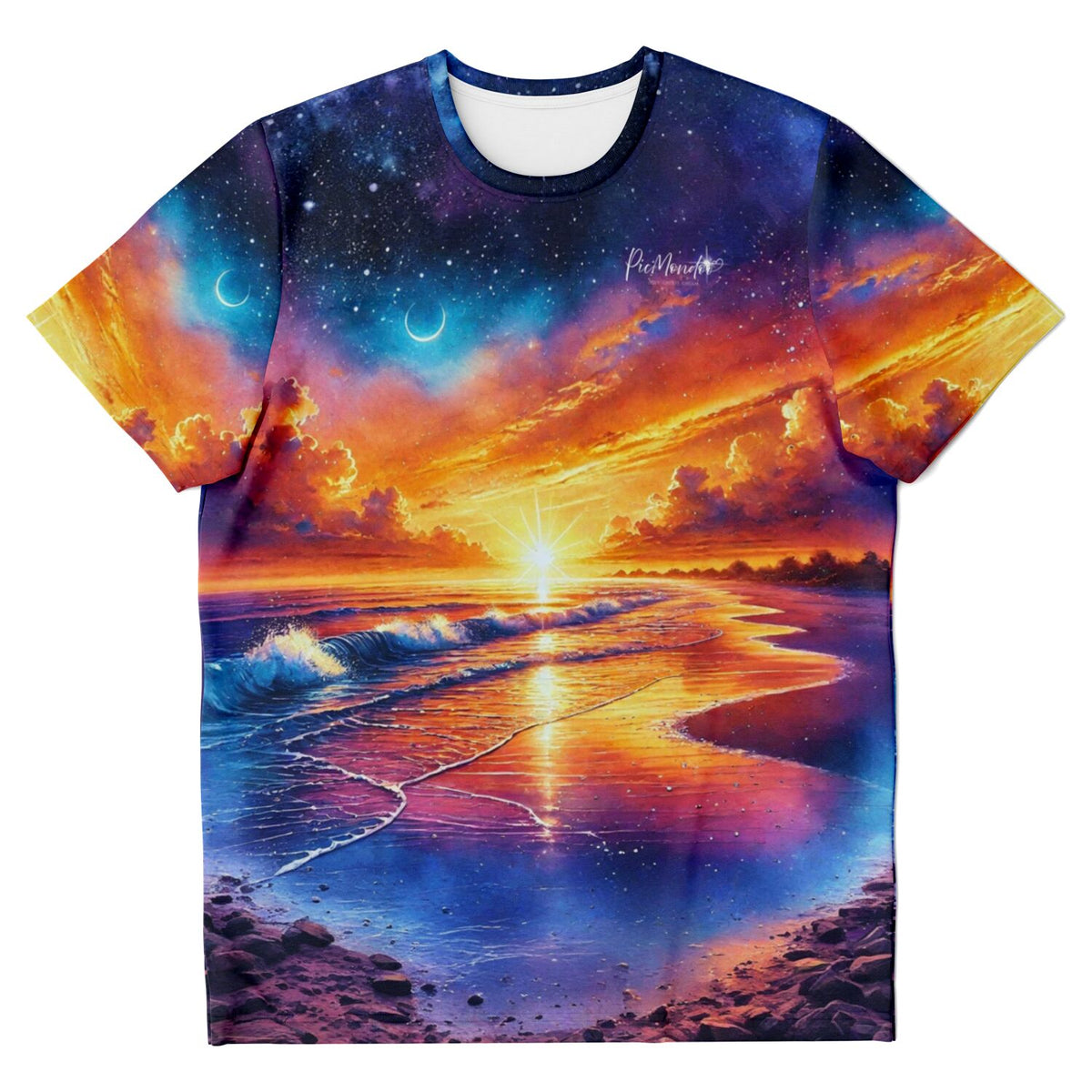 Dreamer T-Shirt mit farbenfrohem Sonnenuntergang, Sternenhimmel und Ozean Motiv für Fans von Diamond Painting Kunst