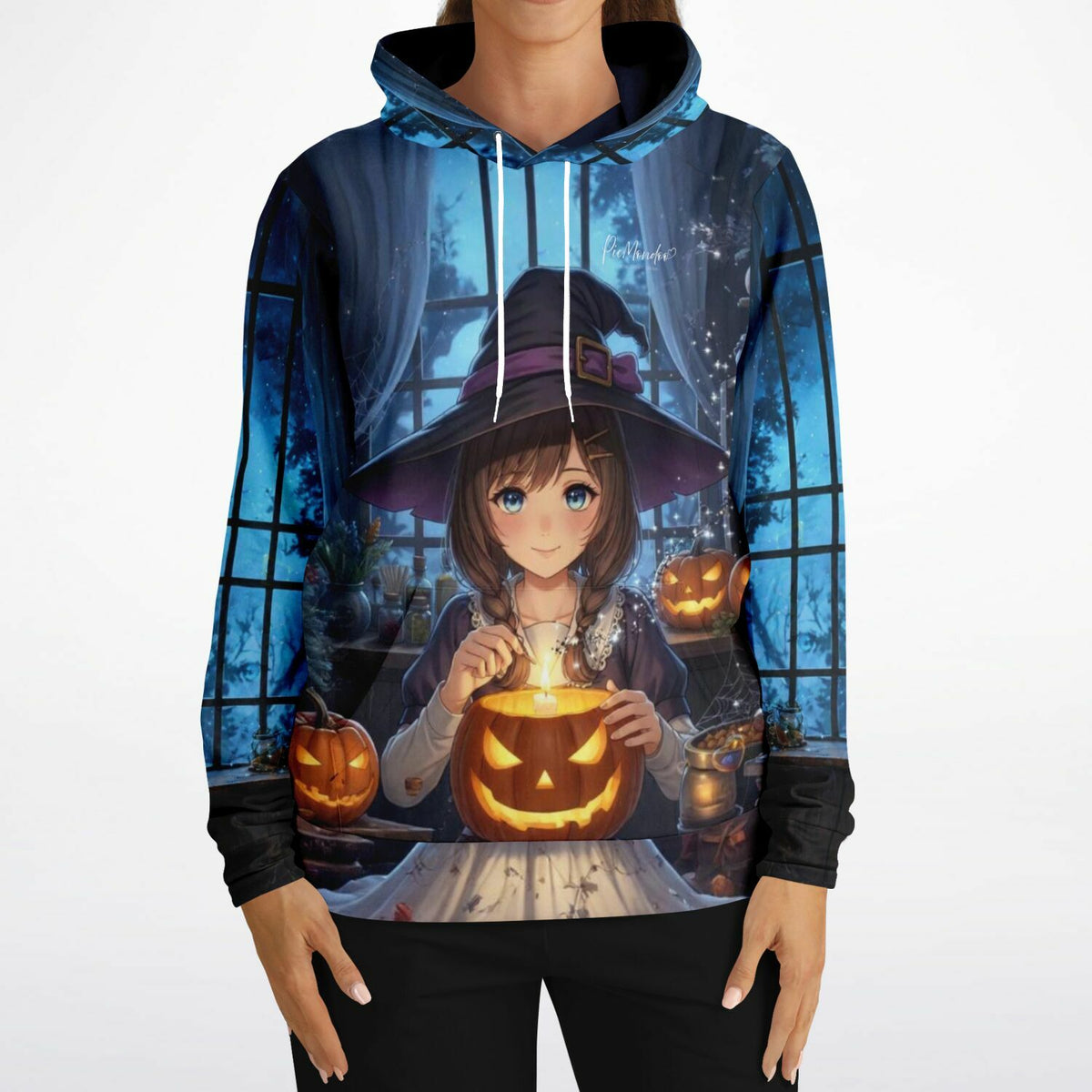 Dreamer Hoodie mit Little Sabrina im Hexen-Look und leuchtenden Kürbissen im Stil beliebter Diamond Painting Motive