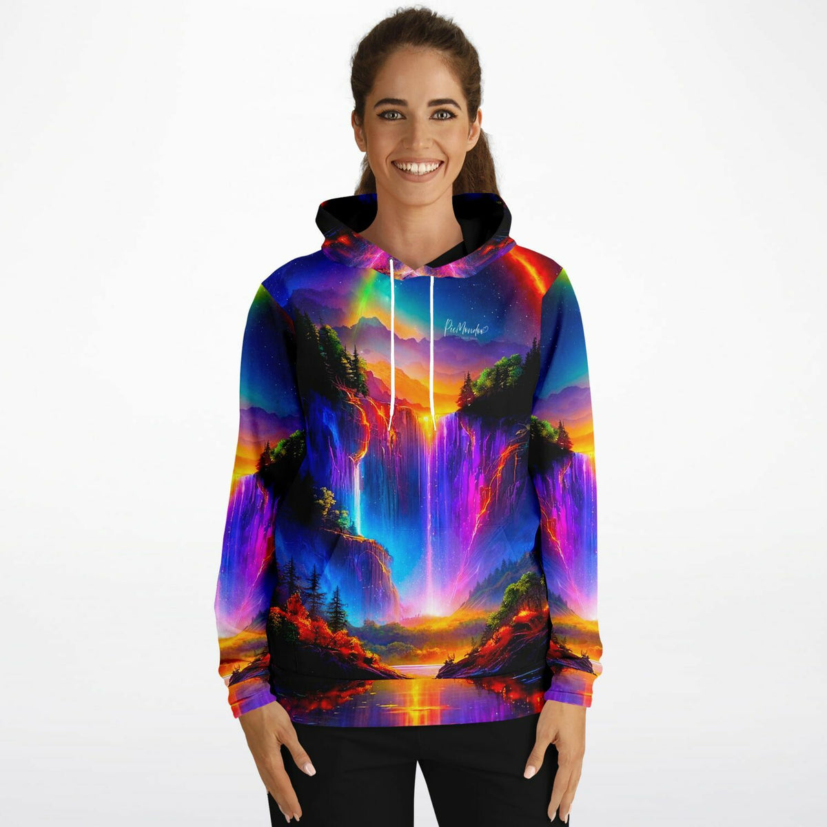 Frau trägt Hoodie mit buntem Nachtleuchten am Wasserfall Motiv, inspiriert von Diamond Painting und Malen nach Zahlen Stil
