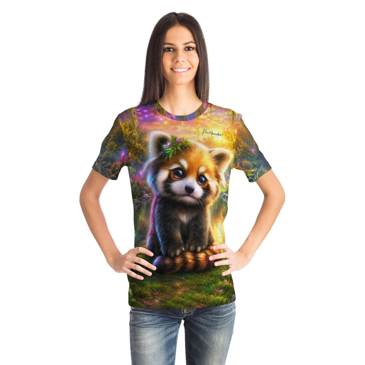 Frau trägt Dreamer T-Shirt mit rotem Panda Motiv, inspiriert von unseren beliebten Diamond Painting und Malen nach Zahlen Sets