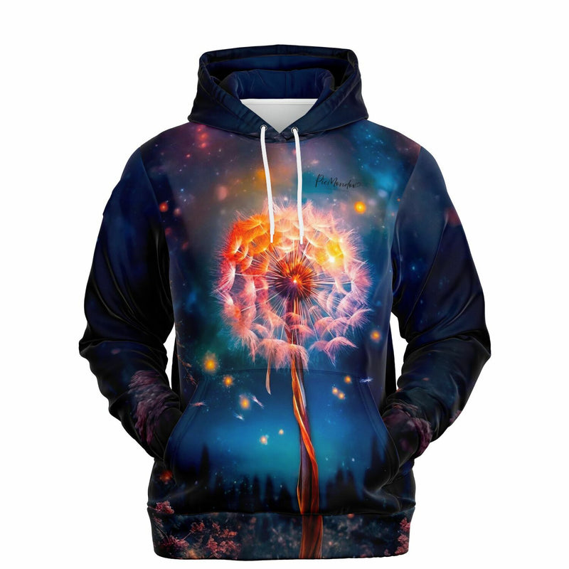 Dreamer Hoodie mit leuchtendem Pusteblumen-Design vor nächtlichem Sternenhimmel, passend zum kreativen Picmondoo Lebensstil