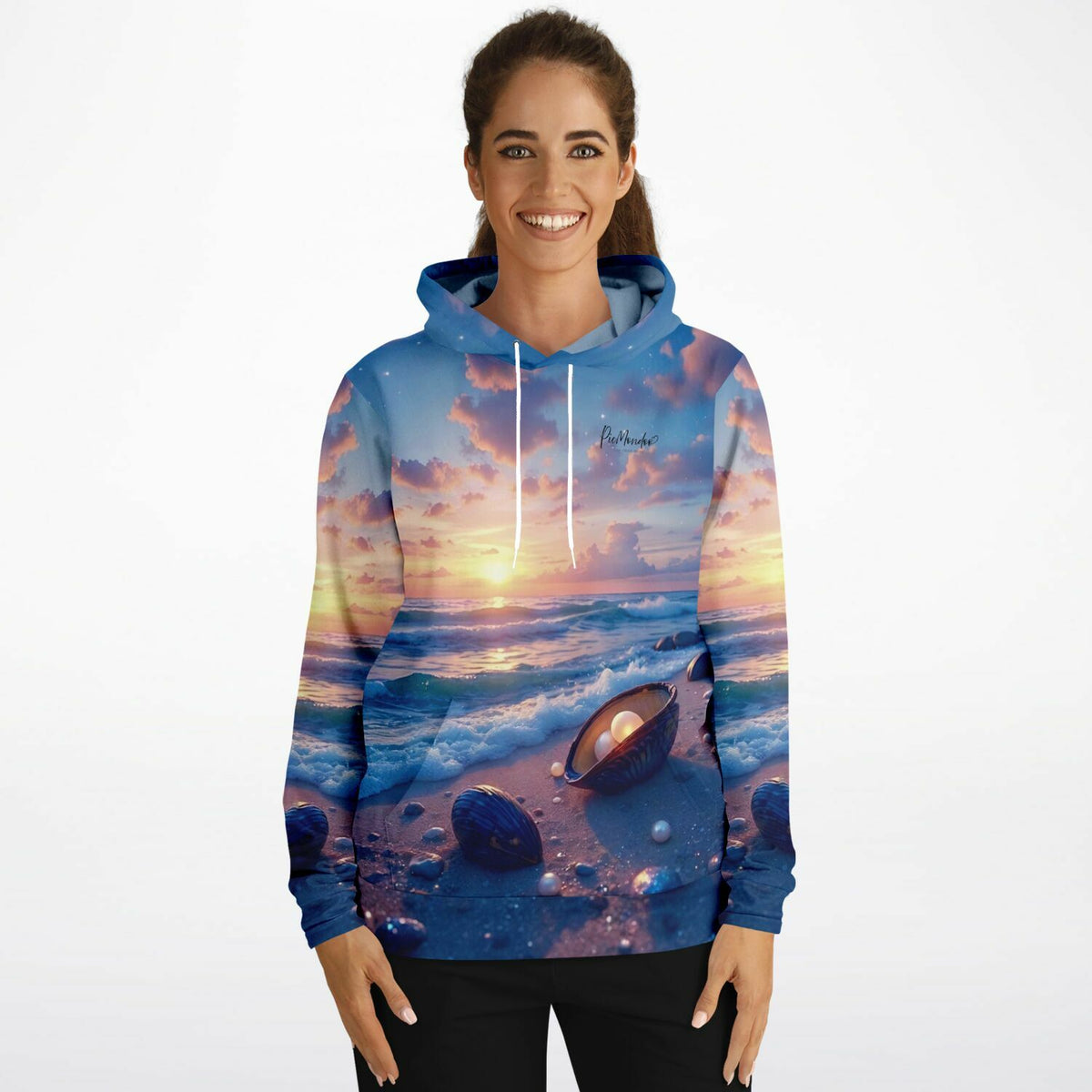 Dreamer Hoodie Strandliebe mit Strandmotiv, Muscheln und Sonnenuntergang im AOP-Design für Fans von kreativen DIY-Styles.