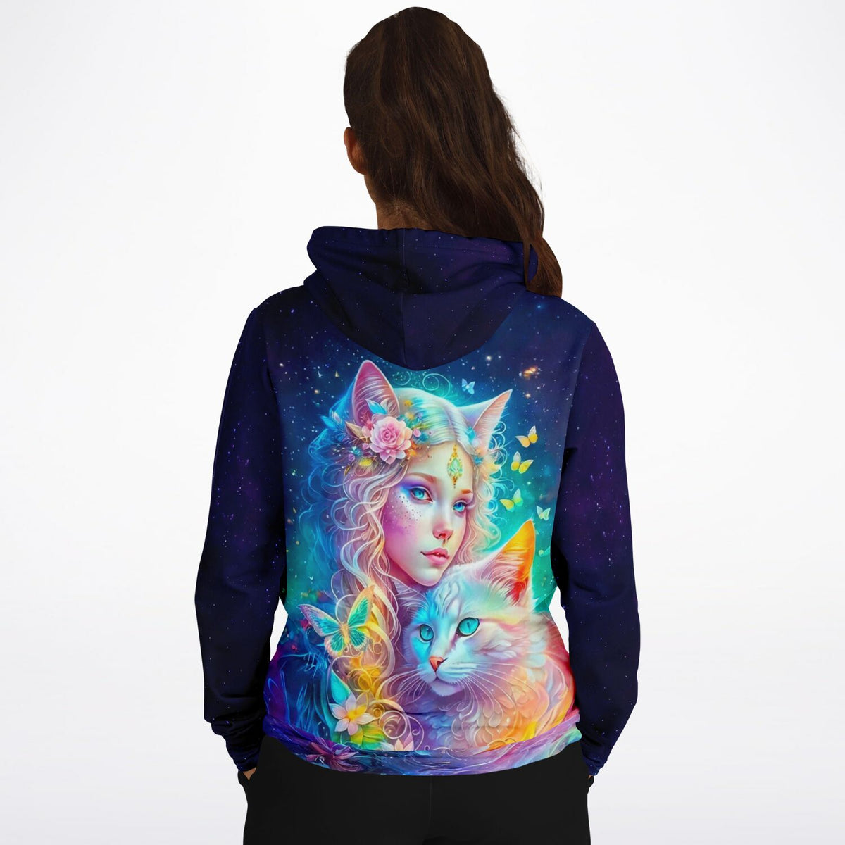 Dunkelblauer Hoodie mit farbenfrohem Katzenelfe-Motiv, inspiriert von magischen Diamond Painting und Malen nach Zahlen Designs