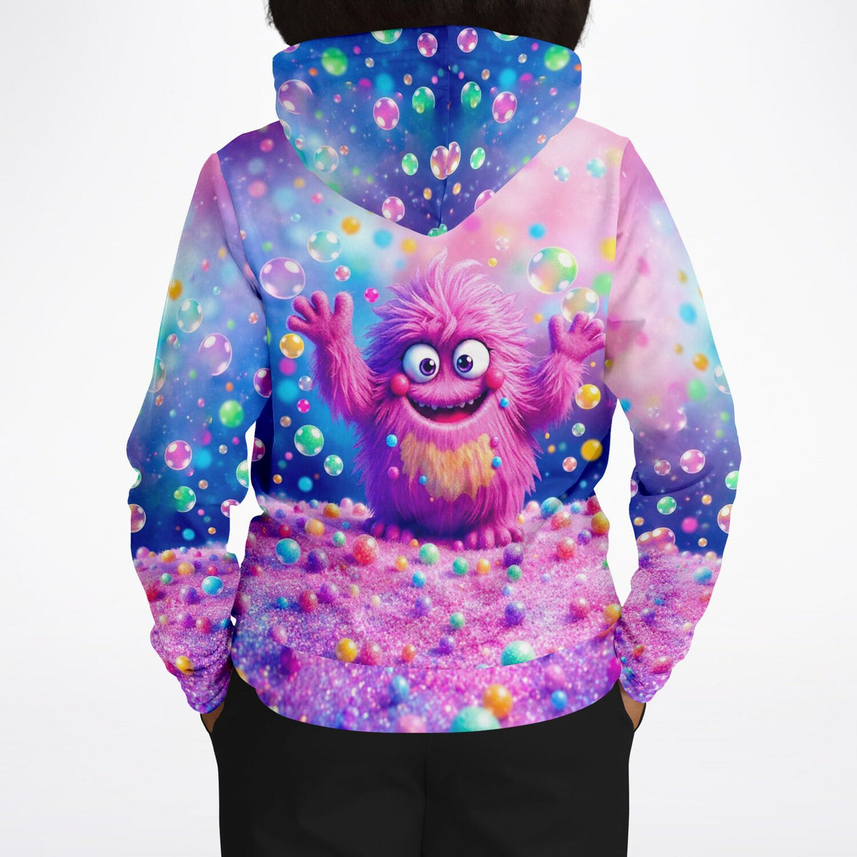 Dreamer Hoodie mit buntem Monster-Motiv und Seifenblasen im Stil eines Diamond Painting Kunstwerks
