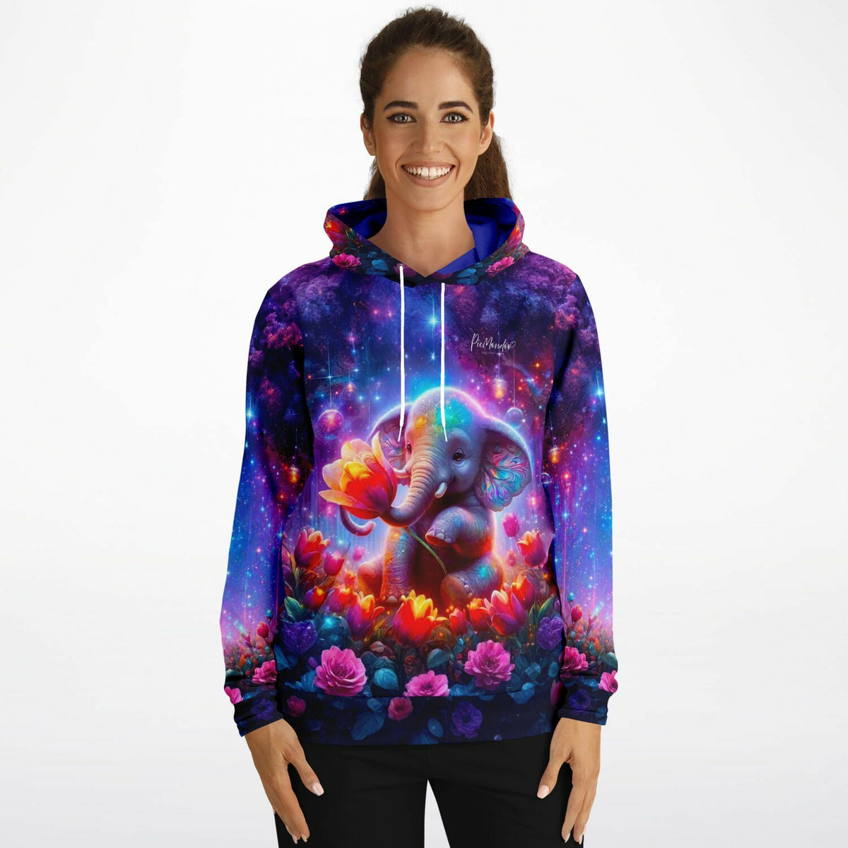 Dreamer Hoodie für Erwachsene mit buntem Elefantenmädchen-Motiv im Galaxie-Design inspiriert von Diamond Painting Kunst