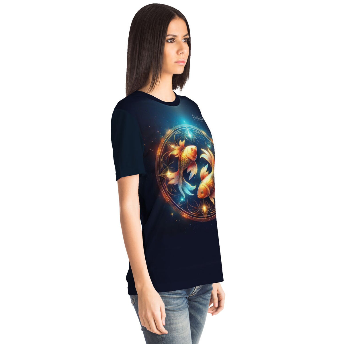 Dunkelblaues Dreamer T-Shirt mit leuchtendem Sternzeichen Fisch Motiv in hochwertigem Design als besonderes Mode-Highlight