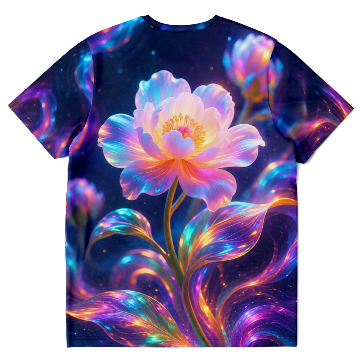 T-Shirt Rückseite mit leuchtendem Blumen-Motiv, inspiriert durch farbenfrohe Kunst wie bei Diamond Painting und Malen nach Zahlen.