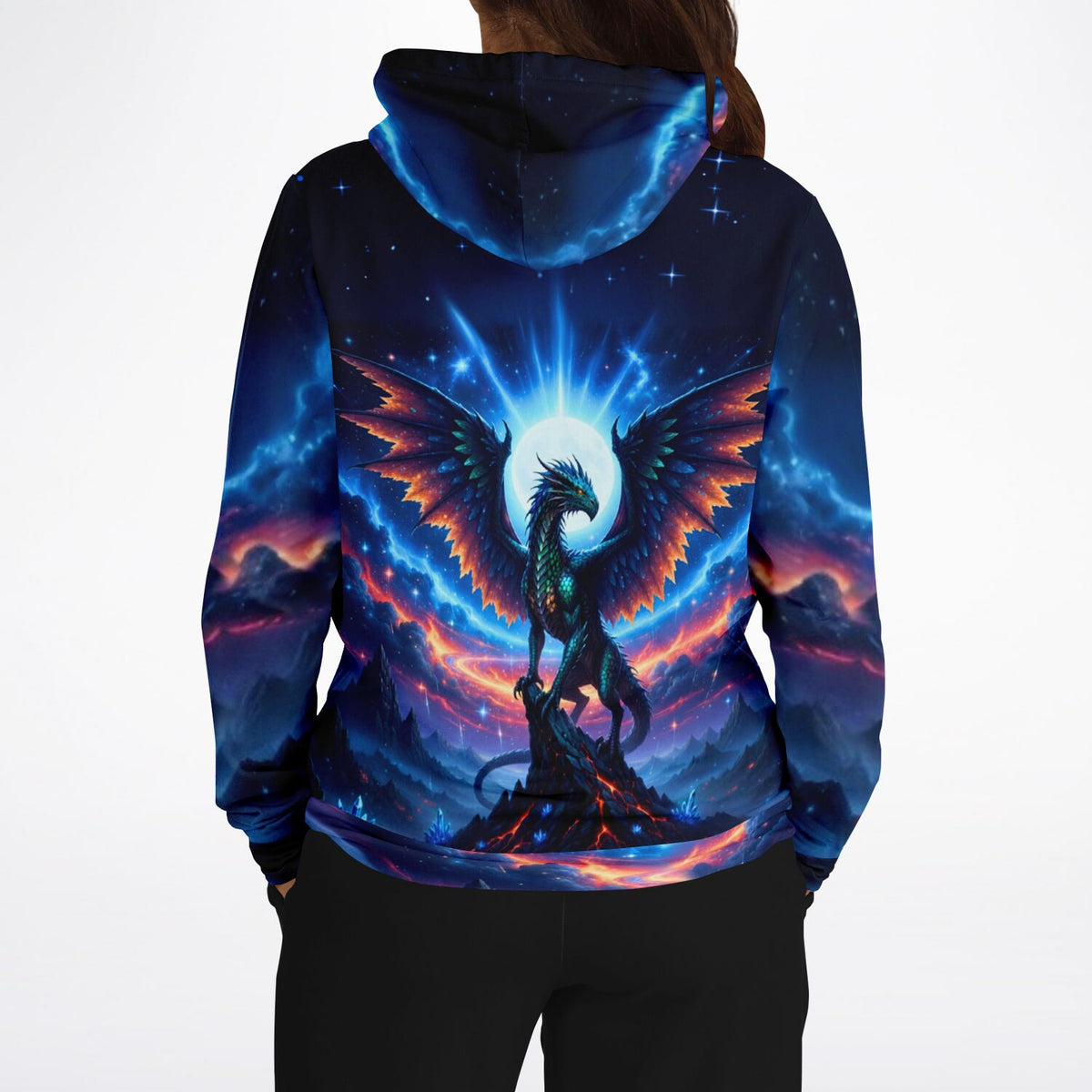 Dreamer Hoodie Aetherion mit Drachen Motiv in blau-orangem Weltraum Design für Diamond Painting und Fantasy Fans
