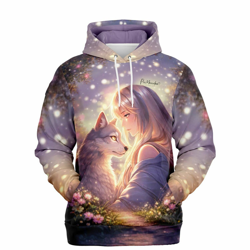 Dreamer Hoodie Bedingungsloses Vertrauen mit Anime-Motiv von Mädchen und Wolf, inspiriert von Diamond Painting Kunstwerken