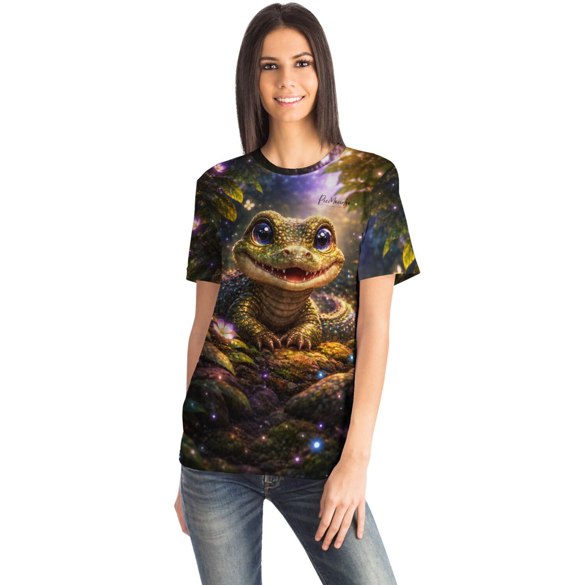Frau trägt Dreamer T-Shirt mit süßem Echsen-Motiv im Stil von Diamond Painting Kunstwerken