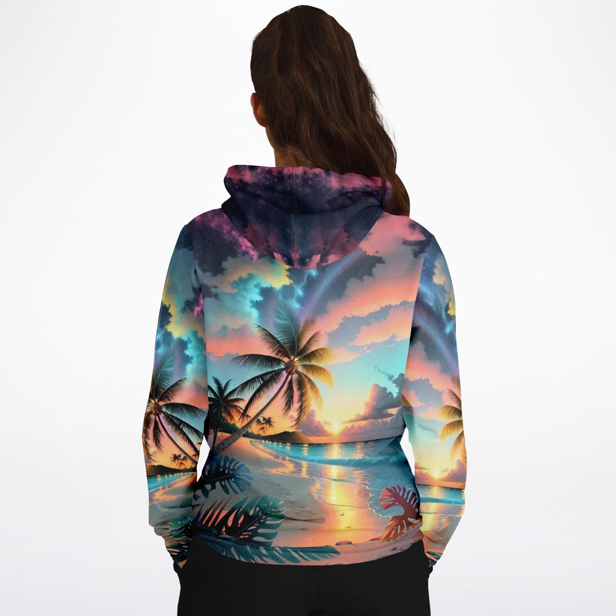 Dreamer Hoodie mit buntem Palmen-Motiv bei Sonnenuntergang – ideal für Fans von kreativen DIY-Design-Looks