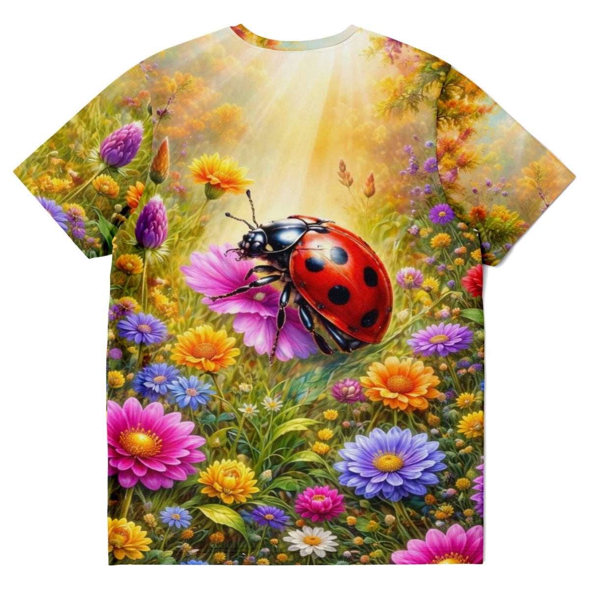T-Shirt mit buntem Blumenwiese-Motiv und Marienkäfer im Stil von Malen nach Zahlen und Diamond Painting Designs