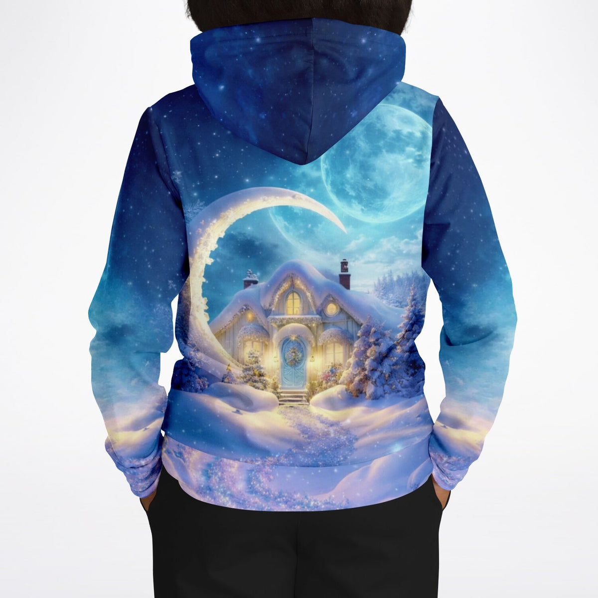 Dreamer Hoodie mit winterlichem Mond- und Schneelandschaft-Motiv für Fans von Diamond Painting und Malen nach Zahlen