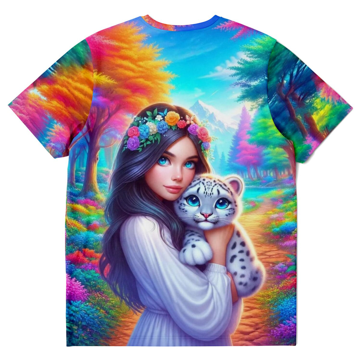 Dreamer T-Shirt Amira's Paradies mit Mädchen und Schneeleopard im Märchenwald, farbenfrohes Design im Kunststil