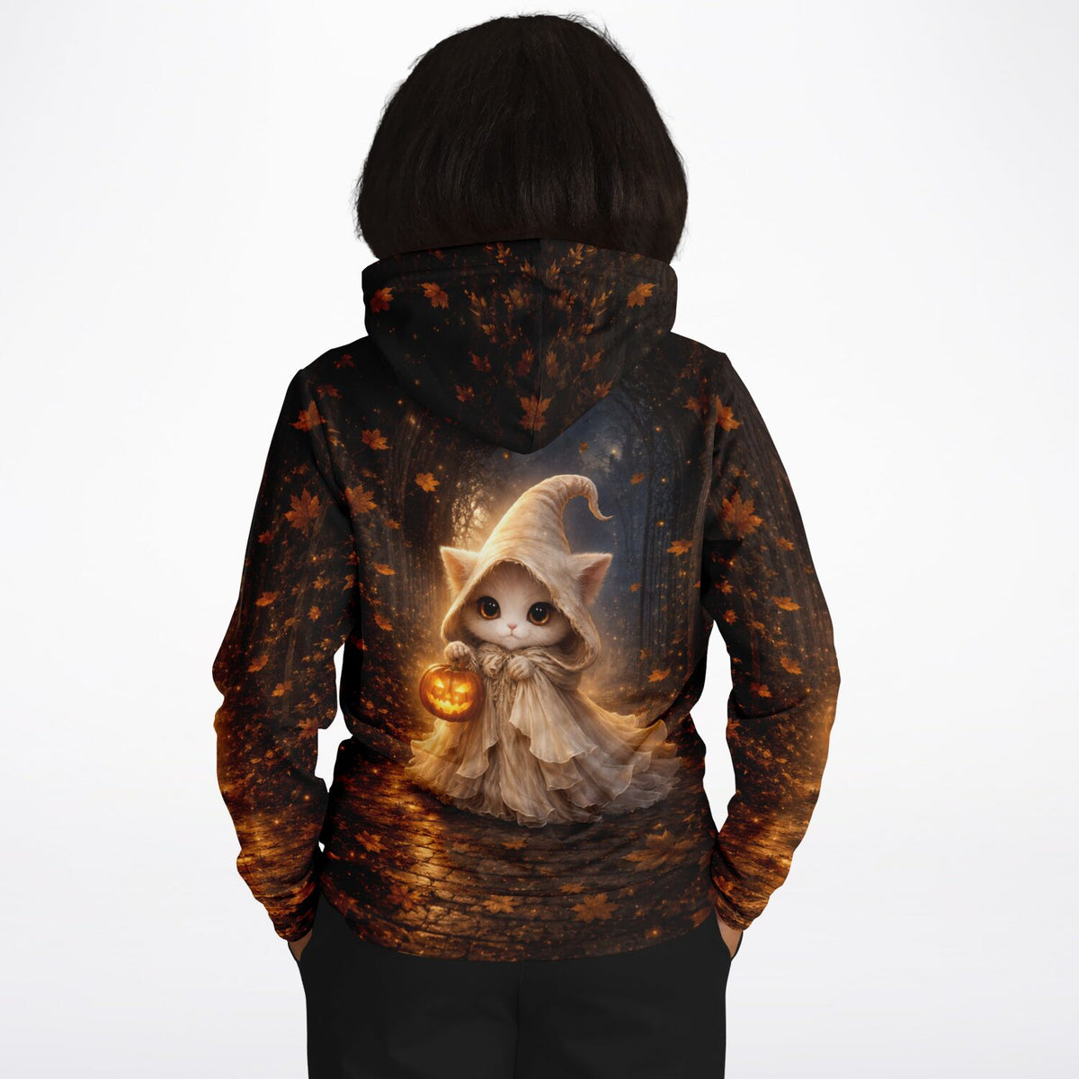 Dreamer Hoodie mit niedlicher Katzen-Hexe, Kürbis und Herbstlaub-Motiv im All-Over-Print Design für Fans von Diamond Painting