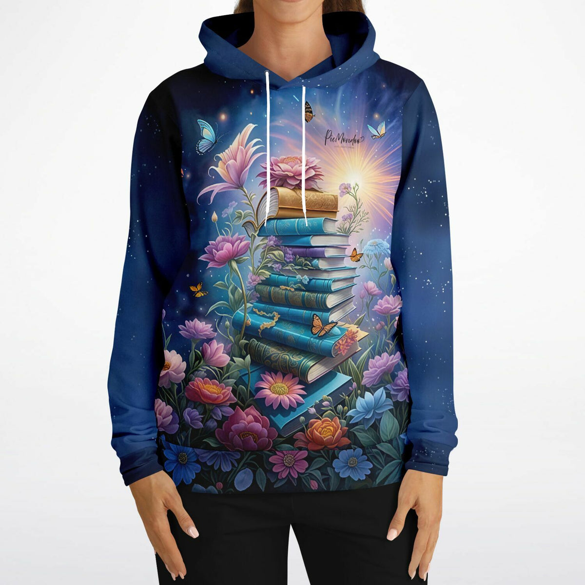 Dreamer Hoodie mit magischem Motiv: Bücherstapel umgeben von Blumen und Schmetterlingen im picmundoo.comsign