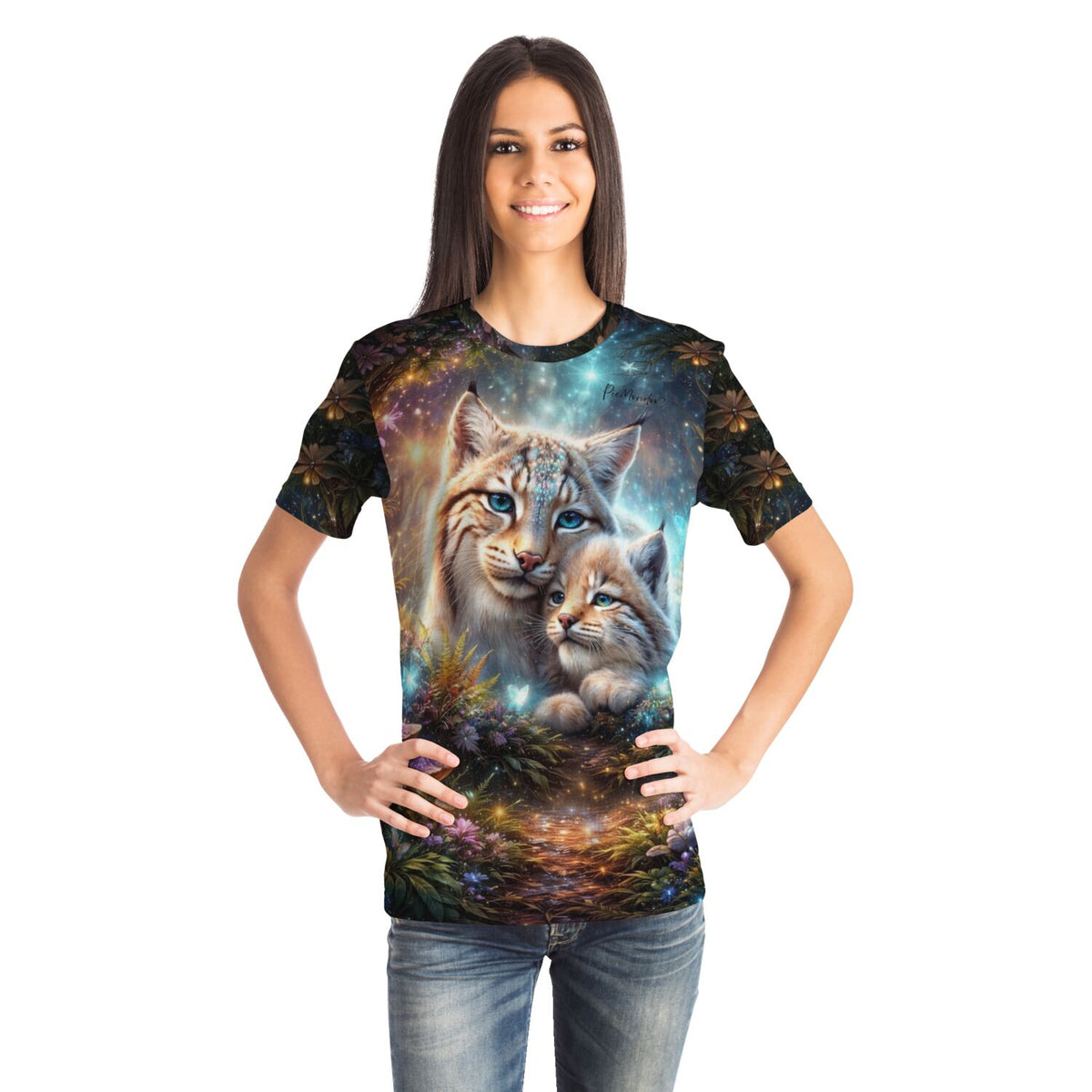 Frau trägt Dreamer T-Shirt mit Luchs-Motiv, das den Detailreichtum von Malen nach Zahlen und Diamond Painting widerspiegelt.