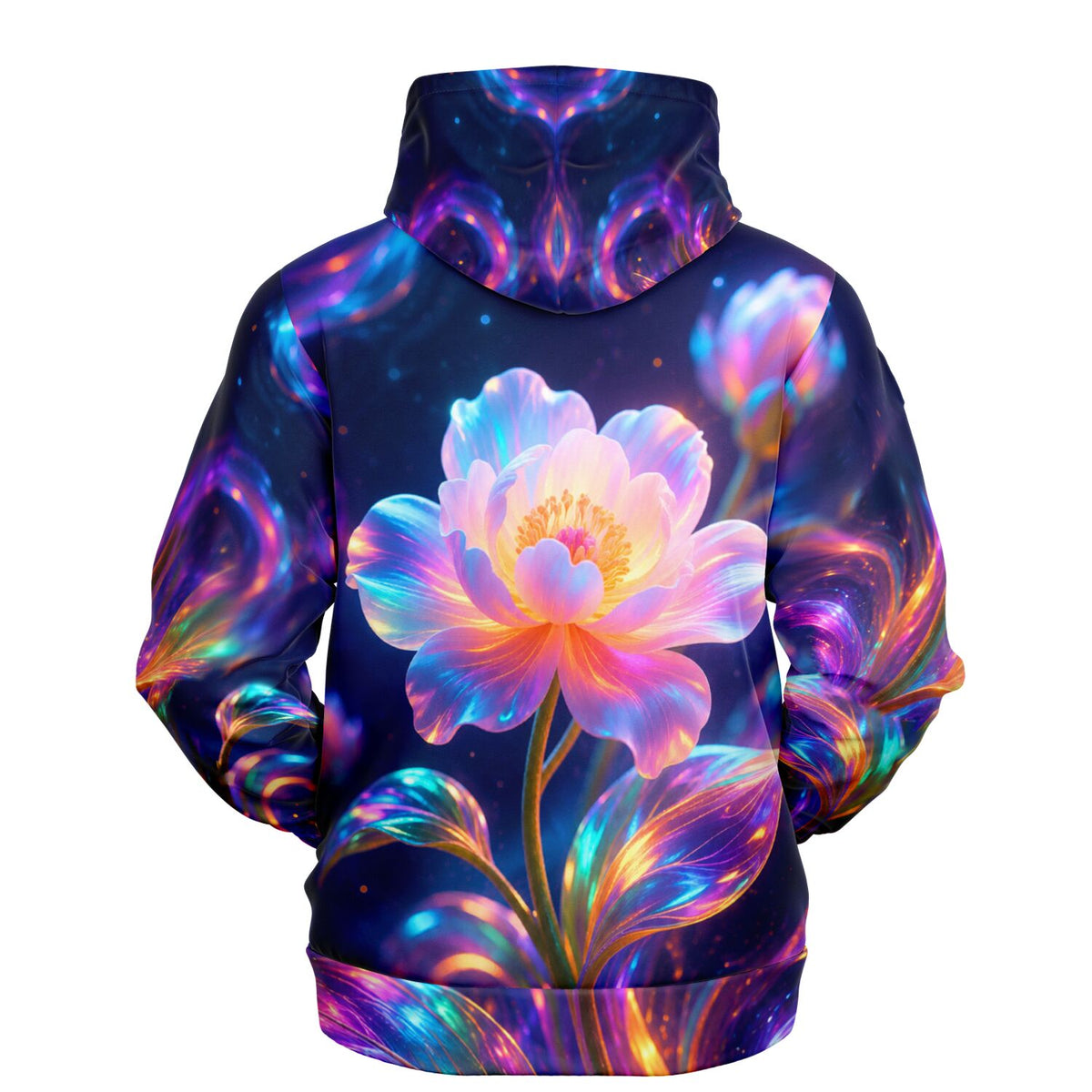 Dreamer Hoodie mit leuchtendem Blumen-Motiv in bunten Neon-Farben für kreative Fashion-Fans