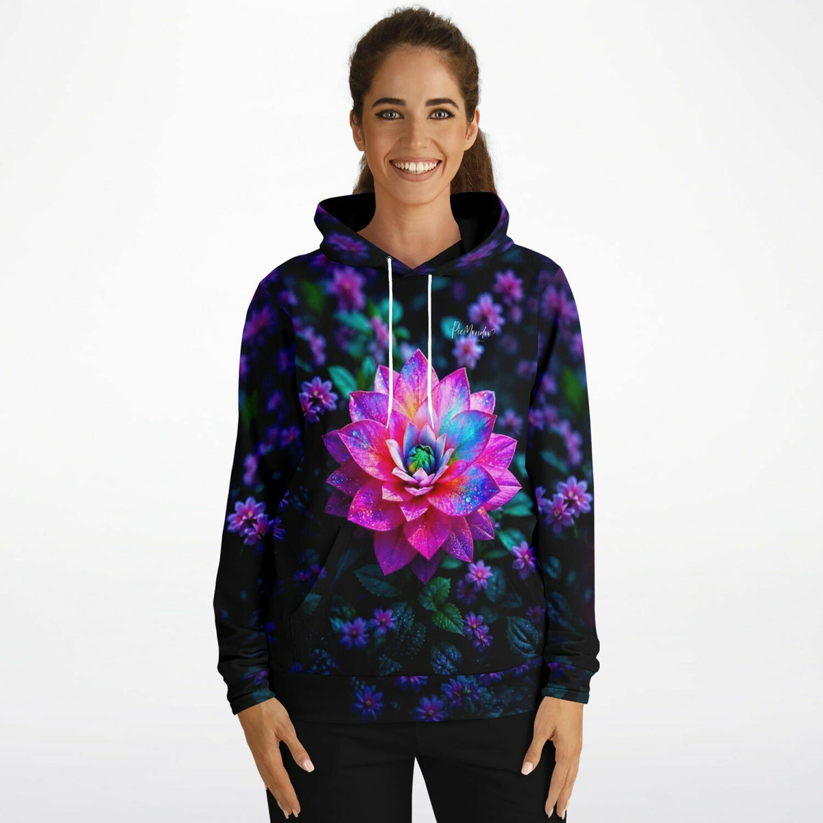 Dreamer Hoodie Sternenstaub Lotus mit farbenfrohem Blumen-Design in Diamond Painting Optik auf schwarzem Stoff