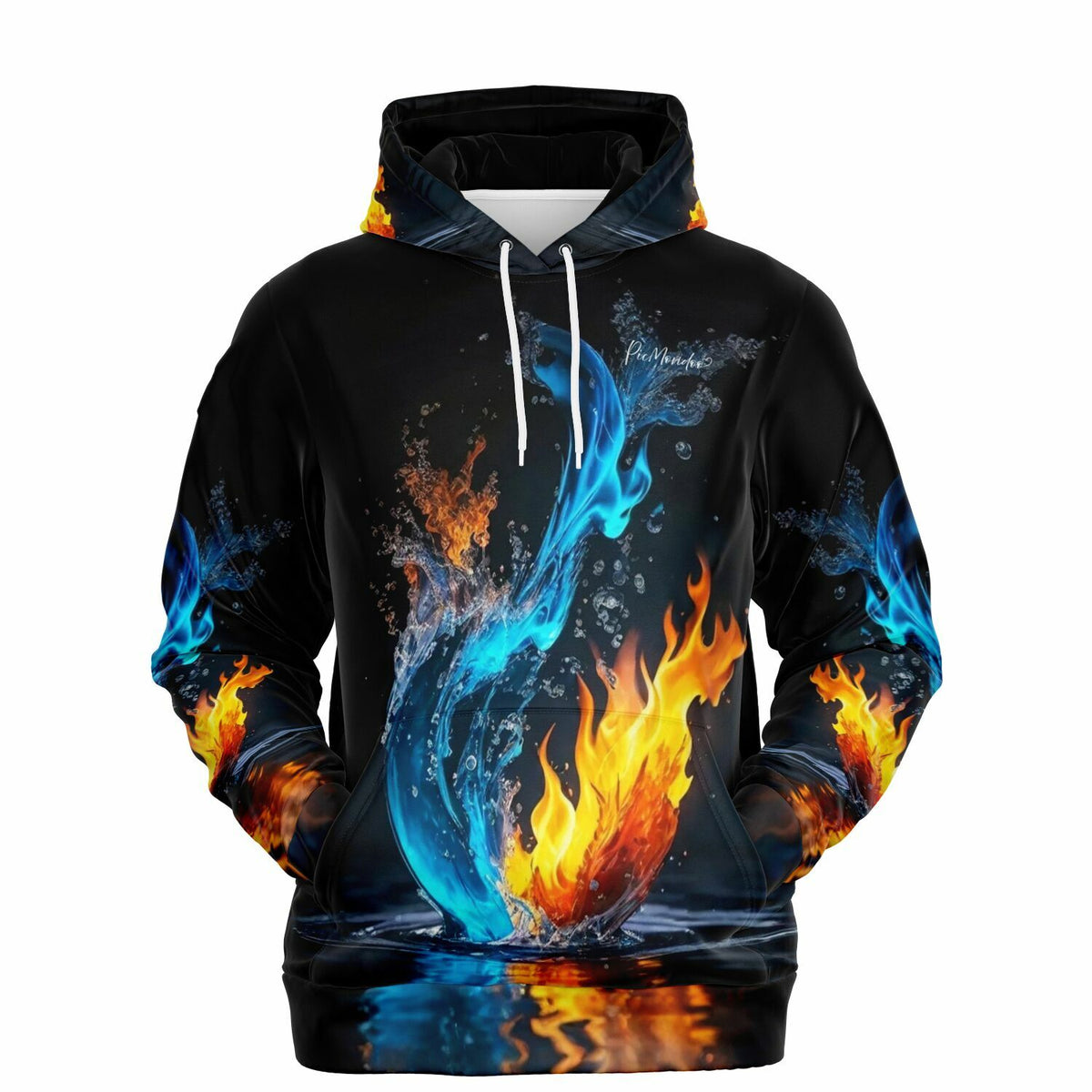 Schwarzer Dreamer Hoodie mit Feuer und Wasser Motiv im Allover-Print Design für Fans von Diamond Painting Kunst