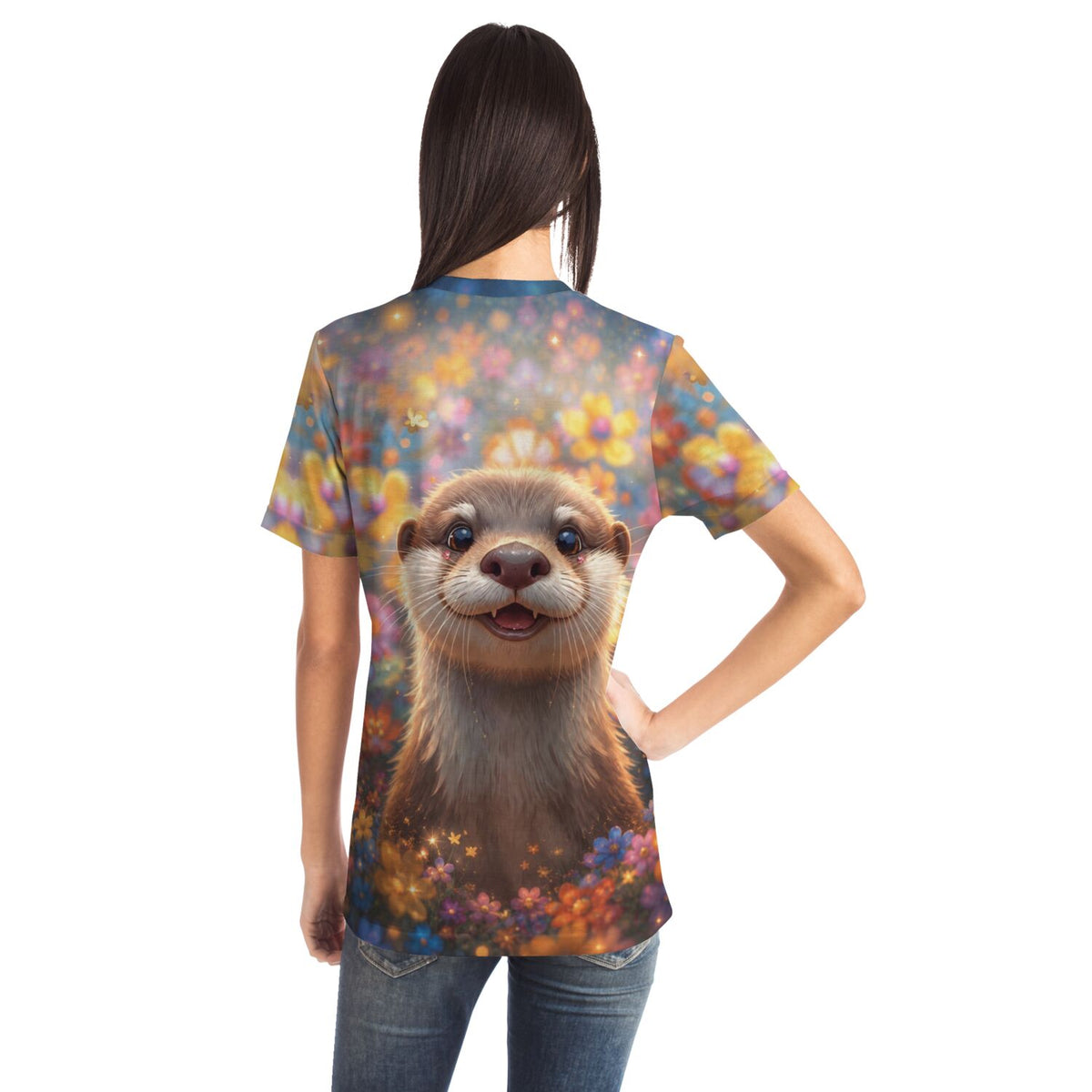 Frau trägt T-Shirt mit niedlichem Otter-Motiv und bunten Blumen, im Stil von Diamond Painting und Malen nach Zahlen