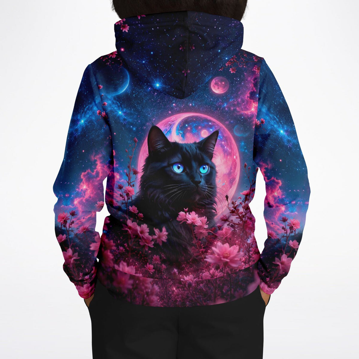 Hoodie mit schwarzer Katze, blauen Augen und Weltraum-Blumen-Print in leuchtenden Farben wie Malen nach Zahlen Design