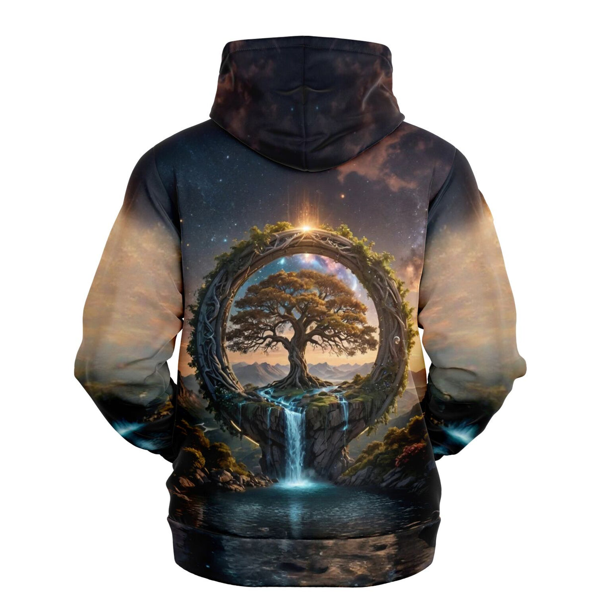 Dreamer Hoodie mit Tor zur Anderswelt Motiv, Baum des Lebens und Wasserfall, vollflächiger Druck für Fantasy-Fans