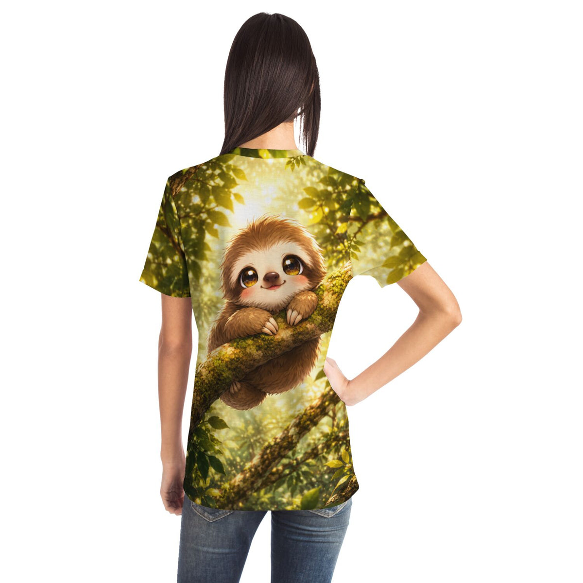 Frau trägt T-Shirt mit süßem Faultier-Motiv im Dschungel-Design, ideal für Fans von Diamond Painting und kreativen Hobbys.