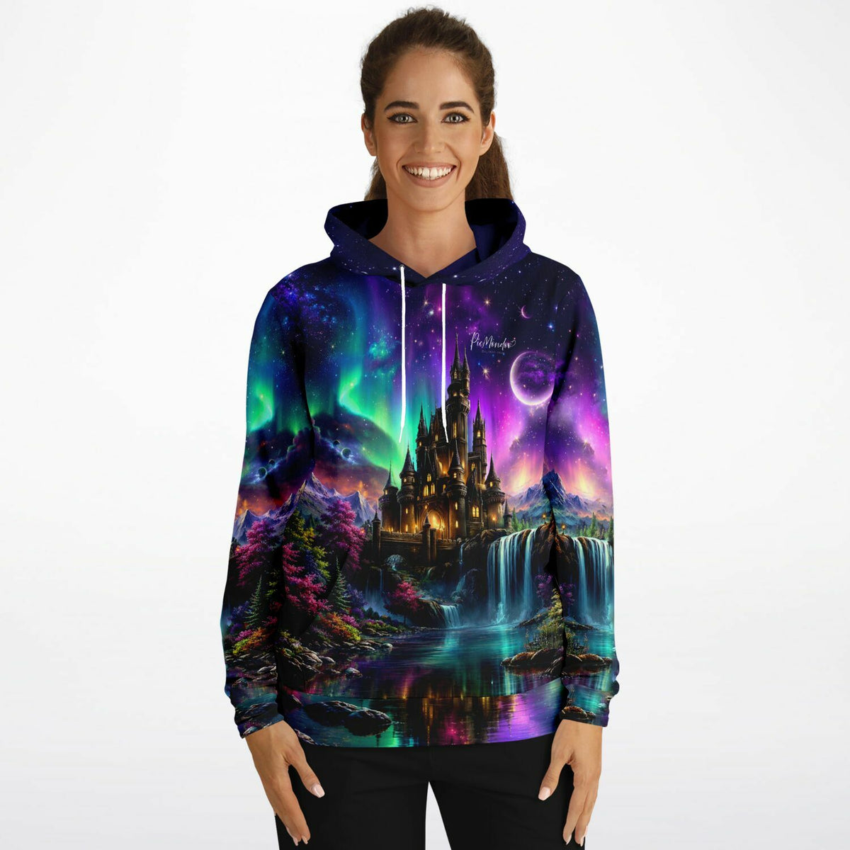 Dreamer Hoodie Echos des Himmels mit Schloss, Wasserfall und Nordlichtern für Fans von Diamond Painting und DIY-Kunst