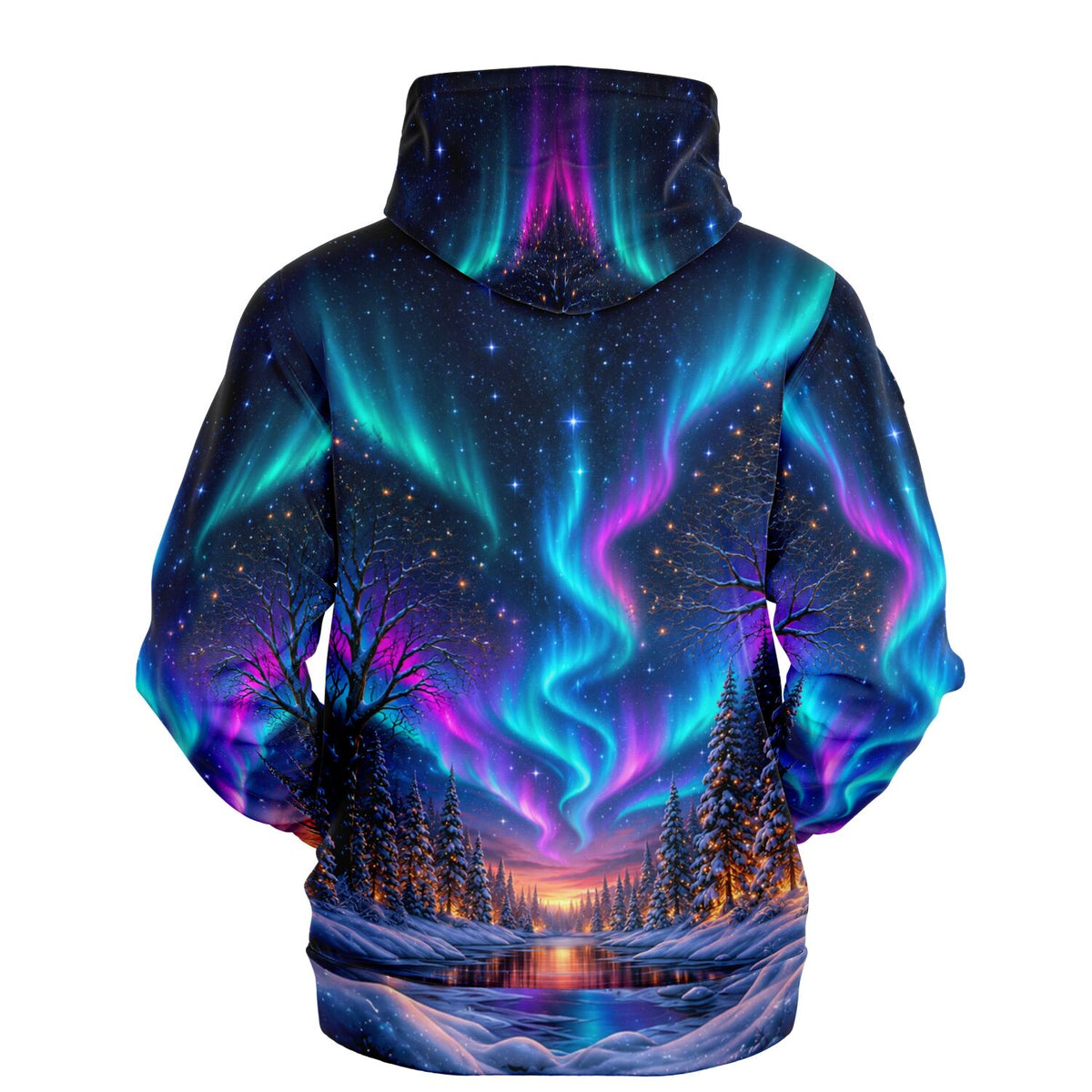 Hoodie mit Polarlicht-Motiv über verschneiter Winterlandschaft, ideal für Fans von Diamond Painting und kreativen Designs.