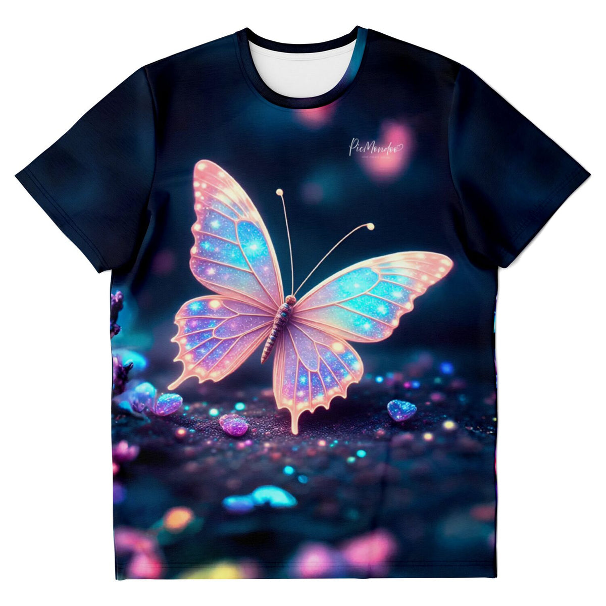 Schwarzes Dreamer T-Shirt mit leuchtendem Schmetterlings-Motiv im Stil von Diamond Painting und Malen nach Zahlen Kunst