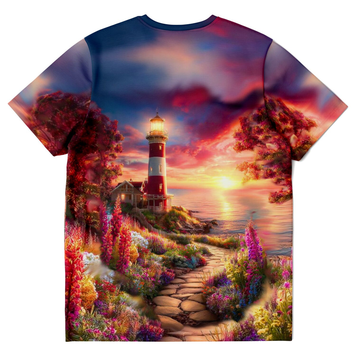 T-Shirt mit Leuchtturm-Motiv im Stil von Diamond Painting und Malen nach Zahlen für Erwachsene mit farbenfrohem Garten.