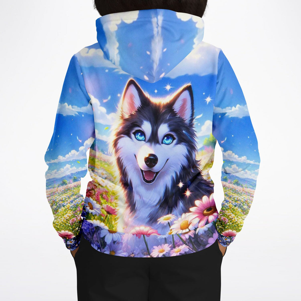 Dreamer Hoodie mit Husky-Motiv auf Blumenwiese, ideal für Fans von Diamond Painting und Malen nach Zahlen Designs