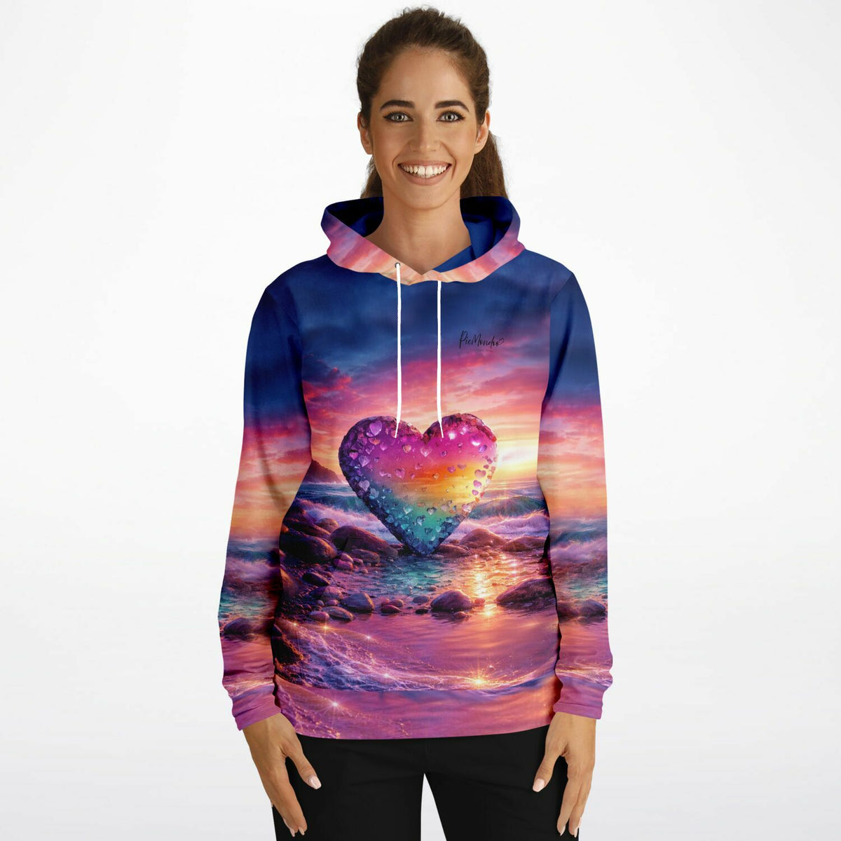Dreamer Hoodie mit farbenfrohem Diamond Painting Herz Design und stimmungsvollem Sonnenuntergang am Meer