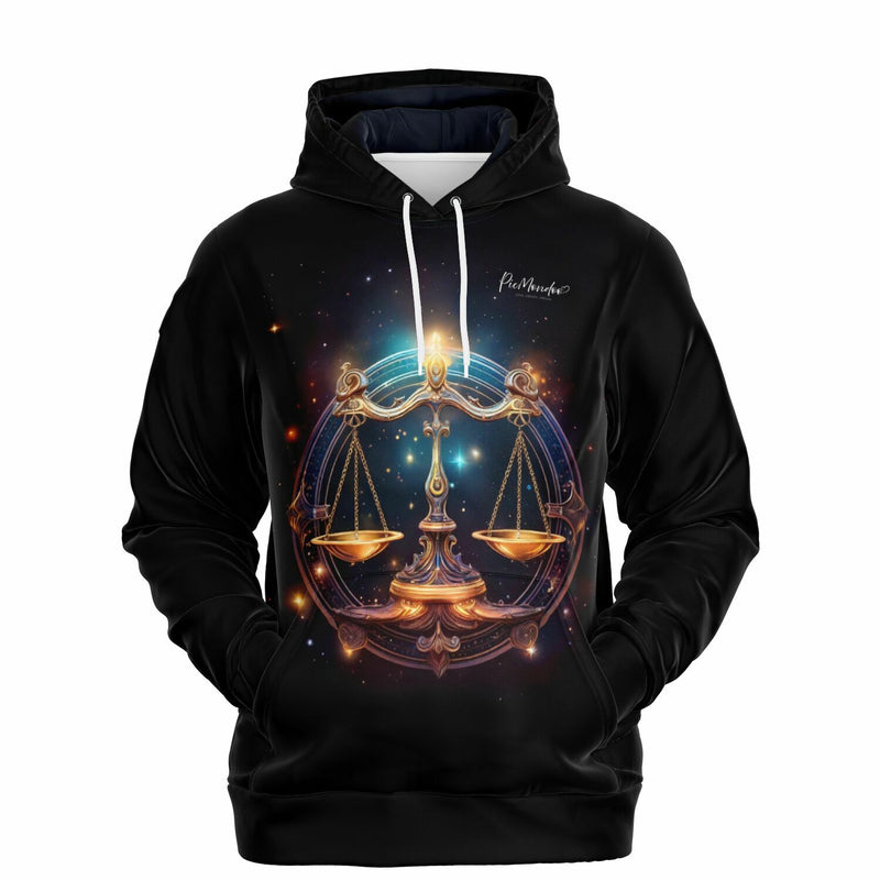 Schwarzer Picmondoo Hoodie mit goldenem Sternzeichen Waage Motiv und Galaxie-Design für Fans kreativer Kunst