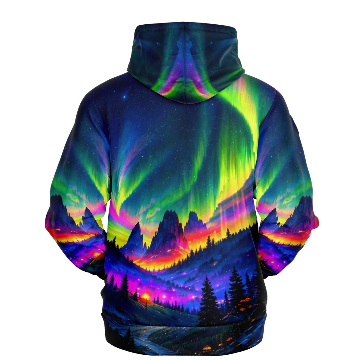 Dreamer Hoodie mit farbenfrohem Nordlichter-Motiv und Berglandschaft, inspiriert durch Diamond Painting Kunststile