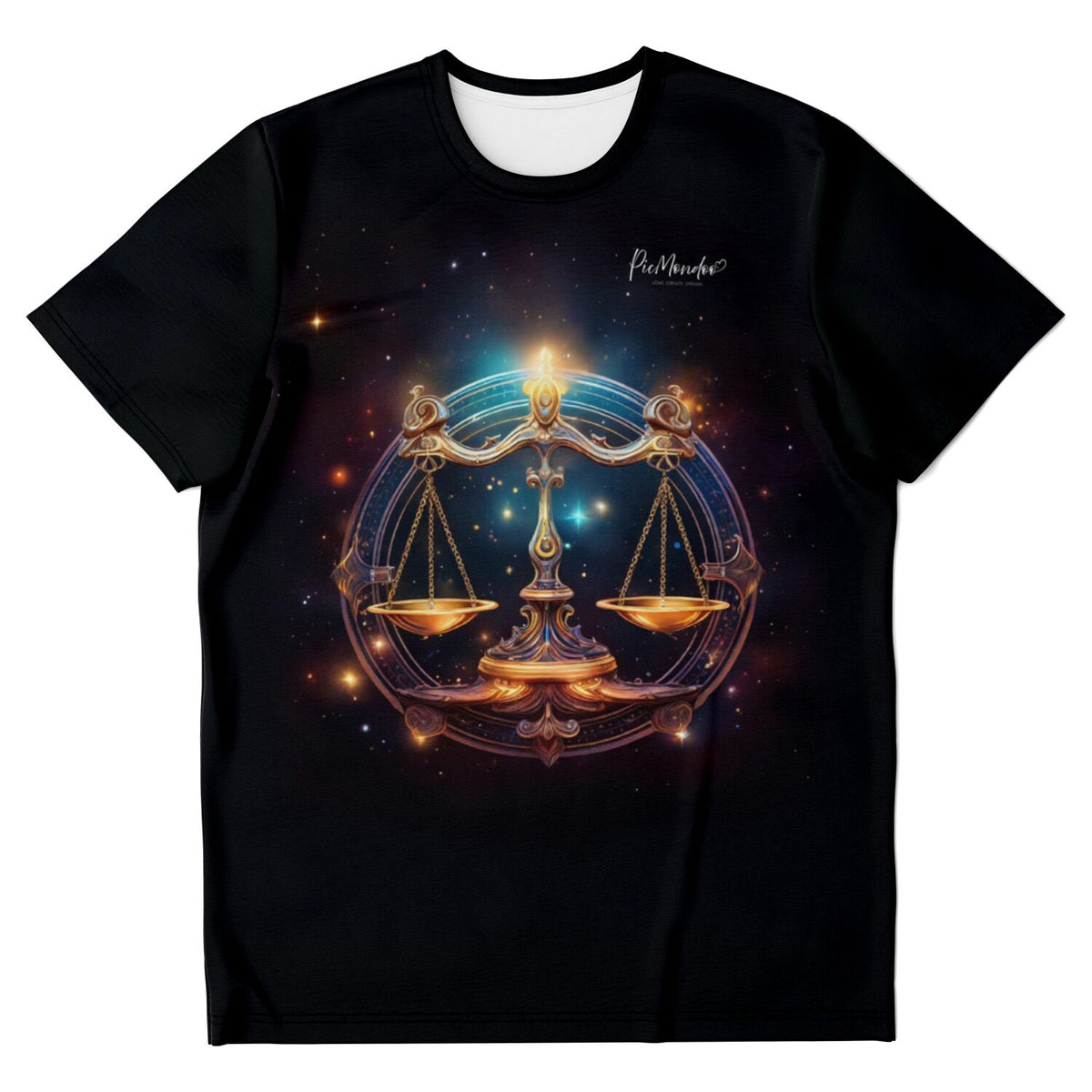 Schwarzes T-Shirt mit goldener Waage Sternzeichen Motiv im galaktischen Design, perfekt passend zu Diamond Painting Art.