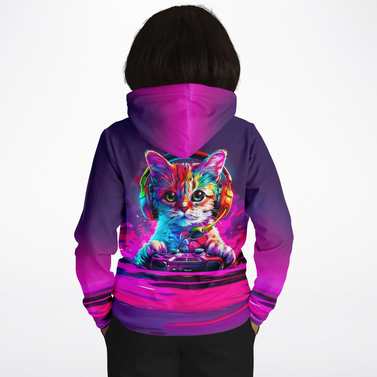 Bunter Gaming-Cat Hoodie im farbenfrohen Design, passend für Fans von Diamond Painting und Malen nach Zahlen Motiven.