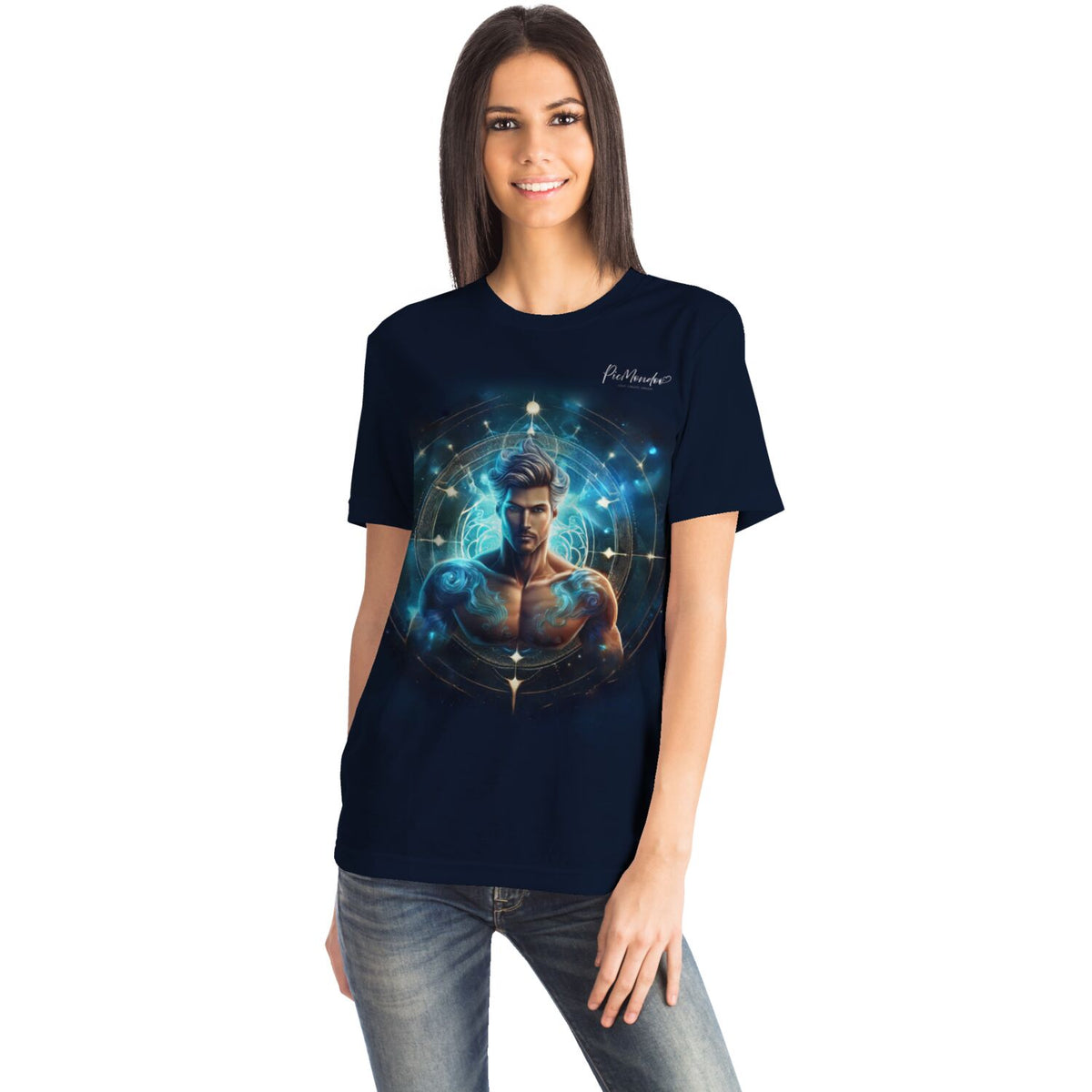 Dunkelblaues T-Shirt mit Sternzeichen Wassermann Motiv im Stil kosmischer Diamond Painting Kunst für Damen und Herren.