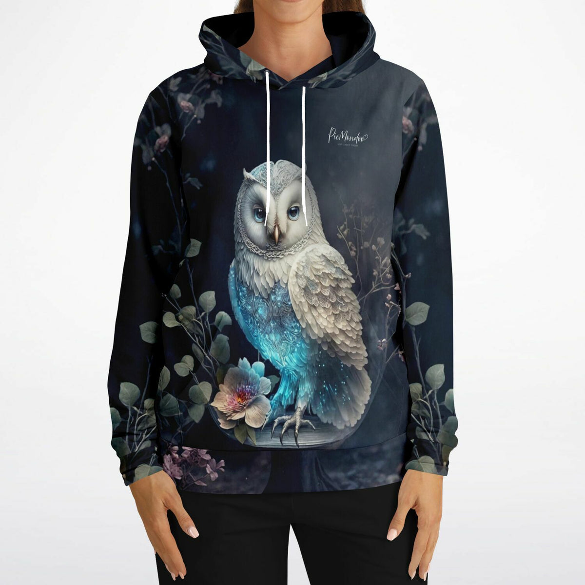 Dreamer Hoodie mit weißer Eule und Blumen, inspiriert von Diamond Painting Motiven und Malen nach Zahlen Designs.