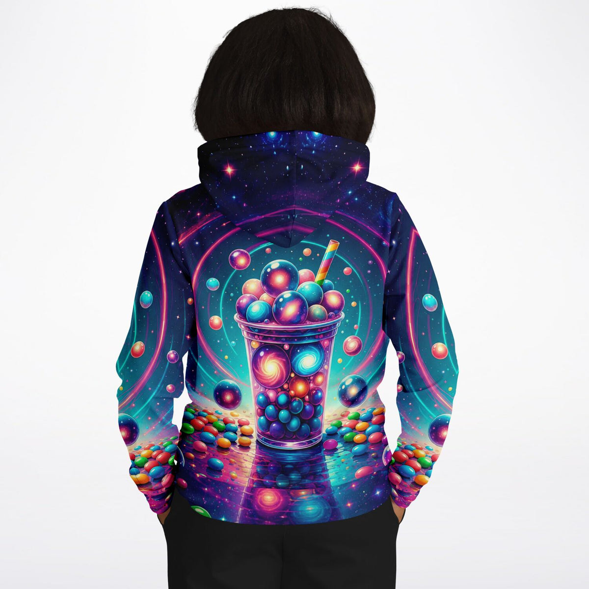 Dreamer Hoodie mit farbenfrohem Bubble Tea Universum Motiv und galaktischem Design, ideal für kreative Fans