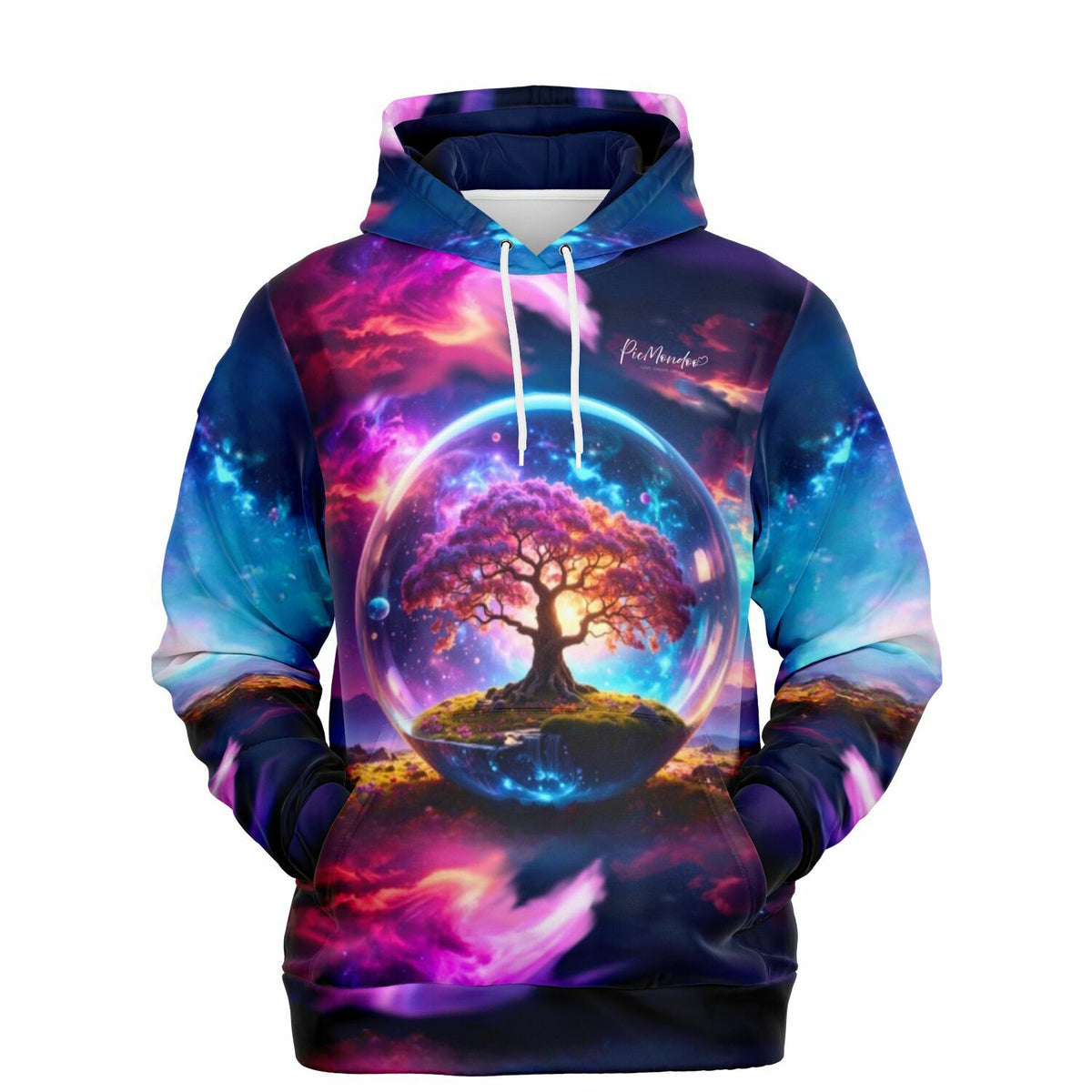 Dreamer Hoodie Arbor Eternis mit buntem Weltraum-Motiv und leuchtendem Baum in einer Glaskugel, ideal für Malkunst-Fans