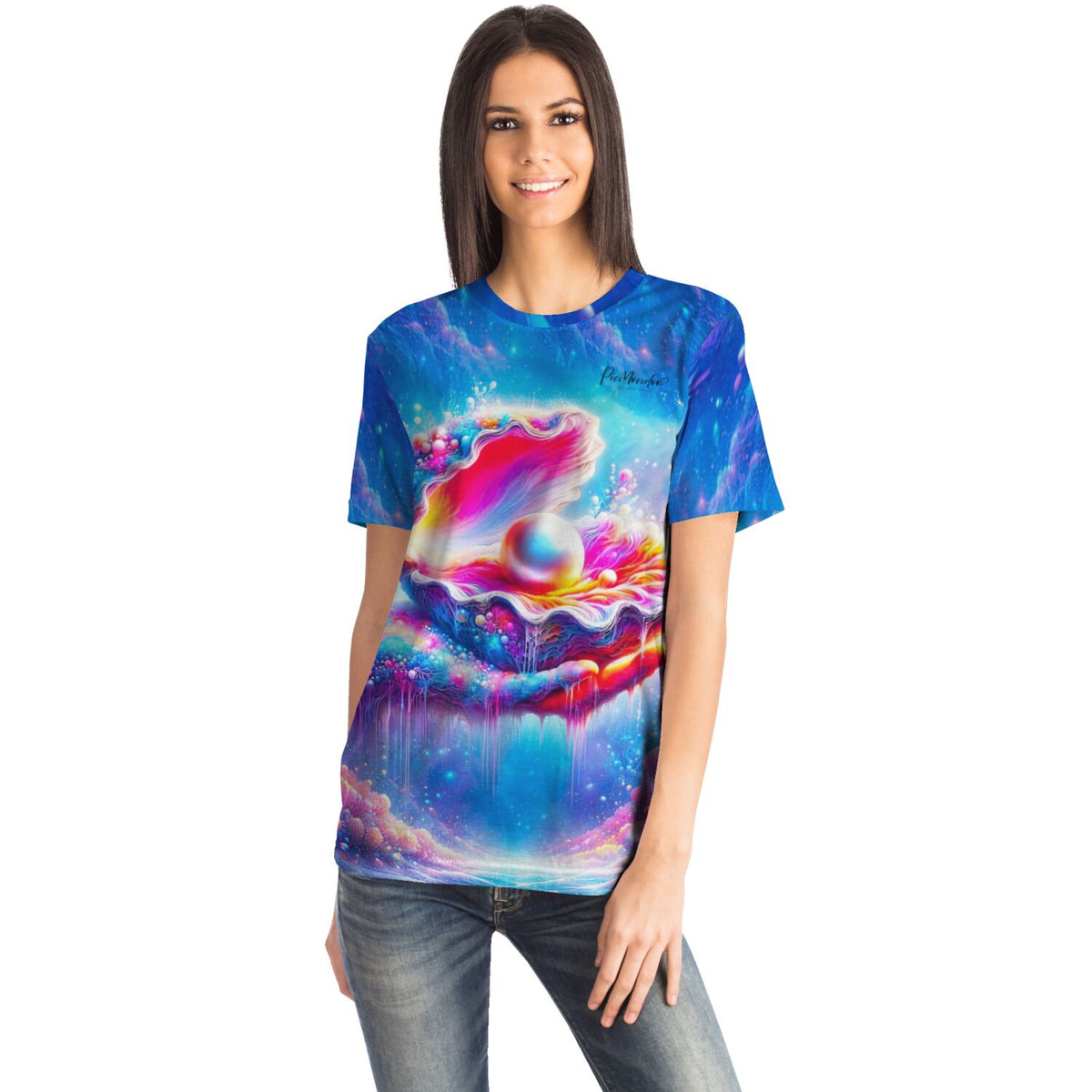 Frau trägt ein T-Shirt mit farbenfrohem Zauber des Meeres Motiv im Stil unserer Diamond Painting und Malen nach Zahlen Sets