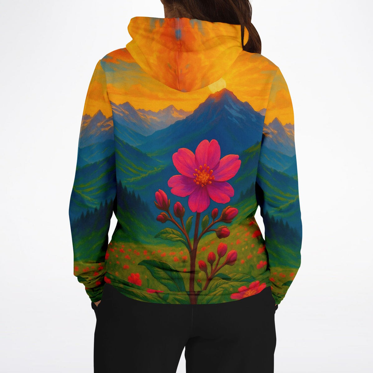 Dreamer Hoodie mit Gebirgsblume Motiv, kunstvoller All-Over-Print mit Berglandschaft und Sonnenuntergang