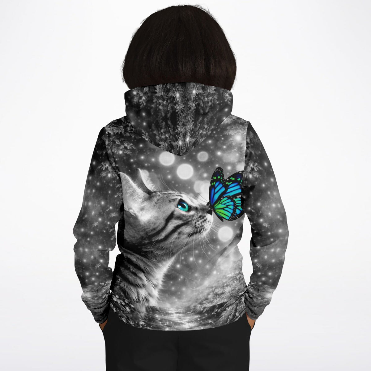 Hoodie mit Lovely Cat Motiv und blauem Schmetterling, perfekt als Diamond Painting oder Malen nach Zahlen Vorlage