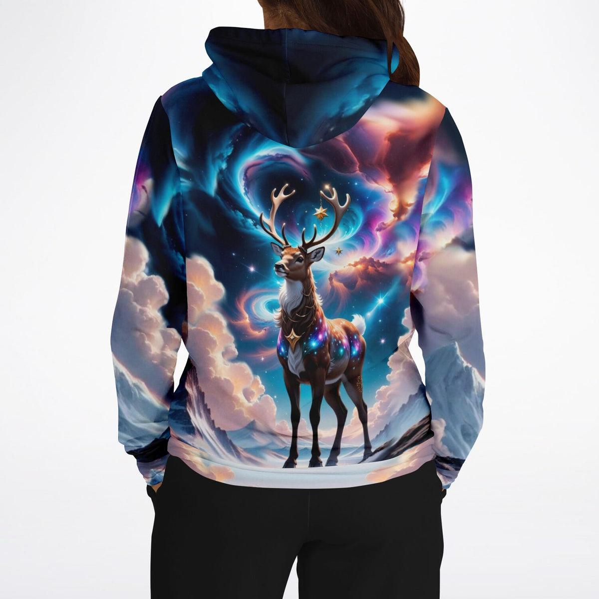 Dreamer Hoodie mit Rentier-Motiv im magischen galaktischen Abendhimmel, perfekt für Fans von Malen nach Zahlen und Kunst.