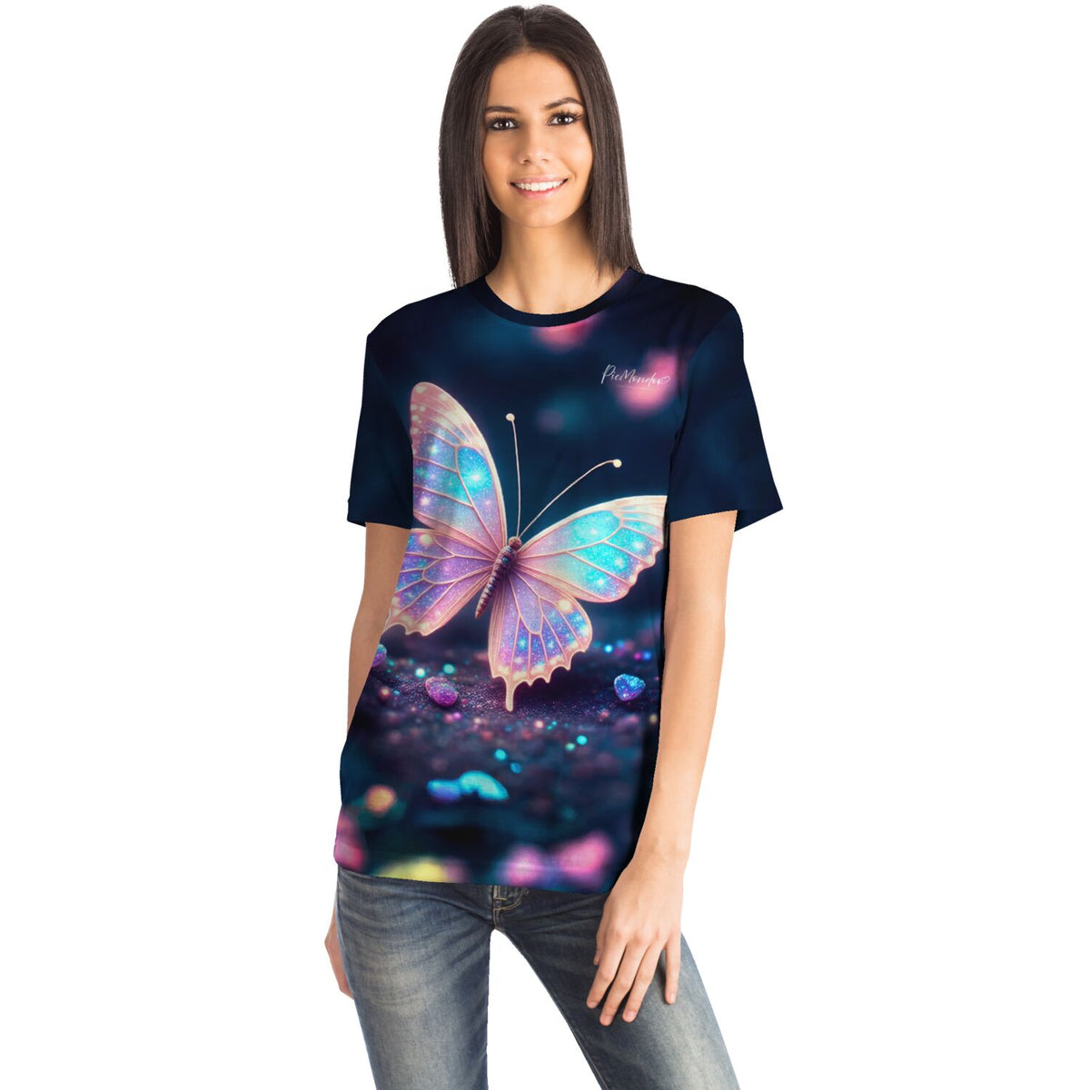 Frau trägt ein schwarzes T-Shirt mit leuchtendem Schmetterlings-Motiv im Stil eines Diamond Painting Designs