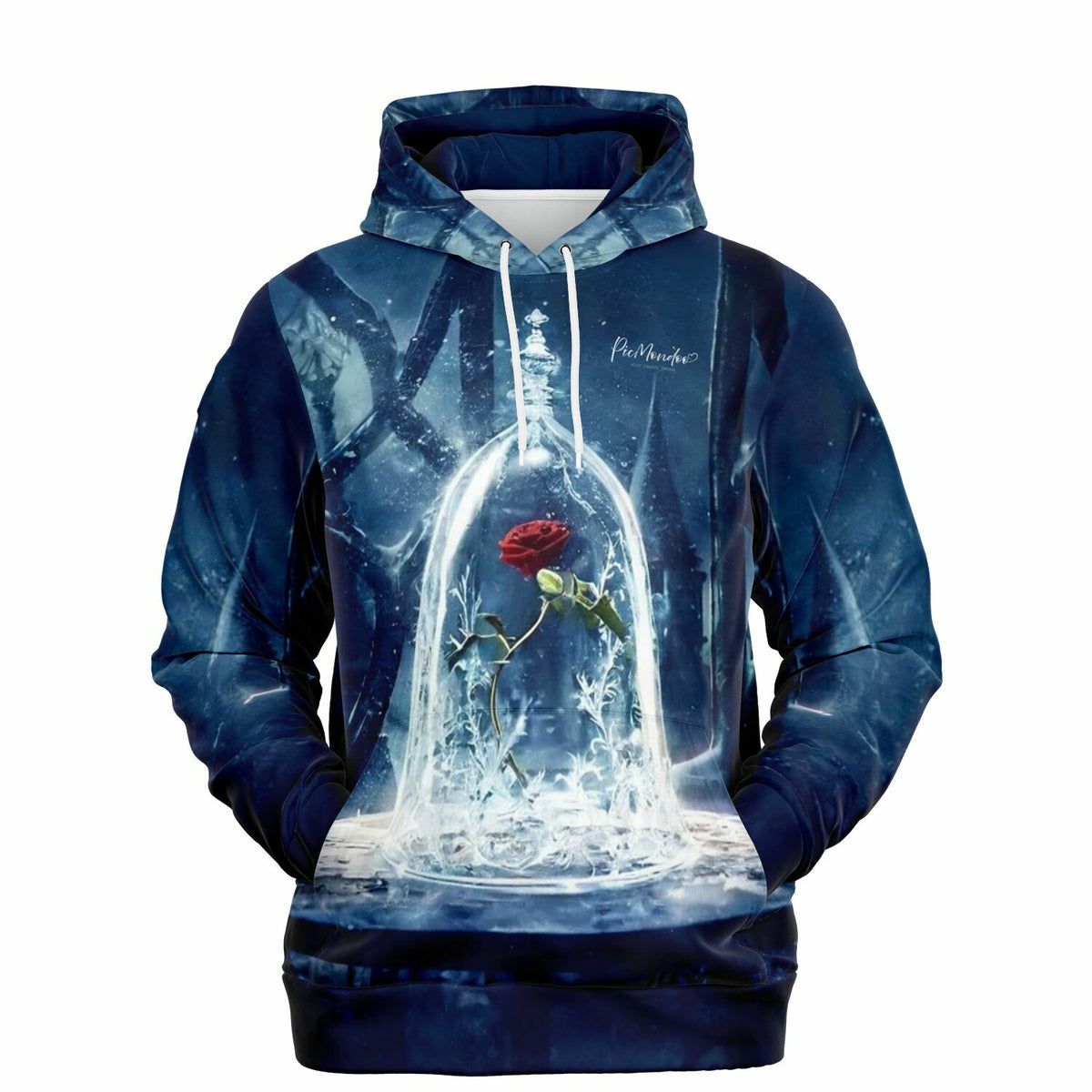 Dreamer Hoodie mit Motiv Rose im Wunderglas in dunklem Blau, passend zum künstlerischen Diamond Painting Design.